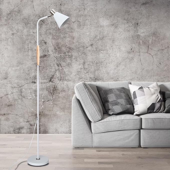 Height Adjustable Reading Floor Lamp,Industrial Modern Style,360°Rotatable Shade,White & Brushed Nickel Finsh, 3color Adjustable,for Living Room,Office,Bedroom Reading,Easel Work (White+Wood) - LeafyLoom