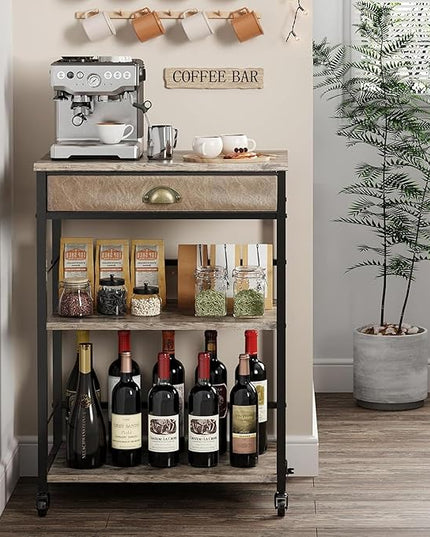 X-cosrack Coffee Bar Cart with Storage, 3-Tier Coffee Table with Drawer for Home Buffets & Sideboards,Coffee Station Corner Table with Rolling Wheels for Kichen, Entryway, Living Room-Patent - LeafyLoom