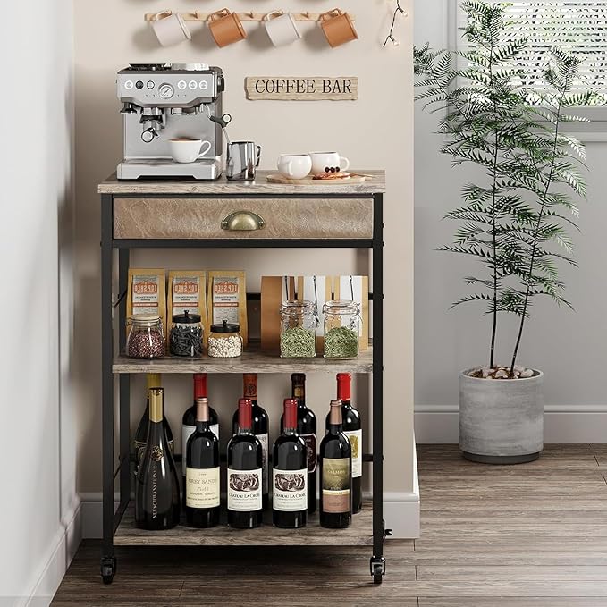 X-cosrack Coffee Bar Cart with Storage, 3-Tier Coffee Table with Drawer for Home Buffets & Sideboards,Coffee Station Corner Table with Rolling Wheels for Kichen, Entryway, Living Room-Patent - LeafyLoom