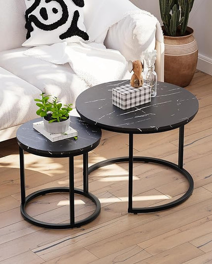 Black Nesting Coffee Table Set of 2, 23.6" Round Coffee Table Wood Grain Top with Adjustable Non-Slip Feet, Industrial End Table Side Tables for Living Room Bedroom Balcony Yard - LeafyLoom