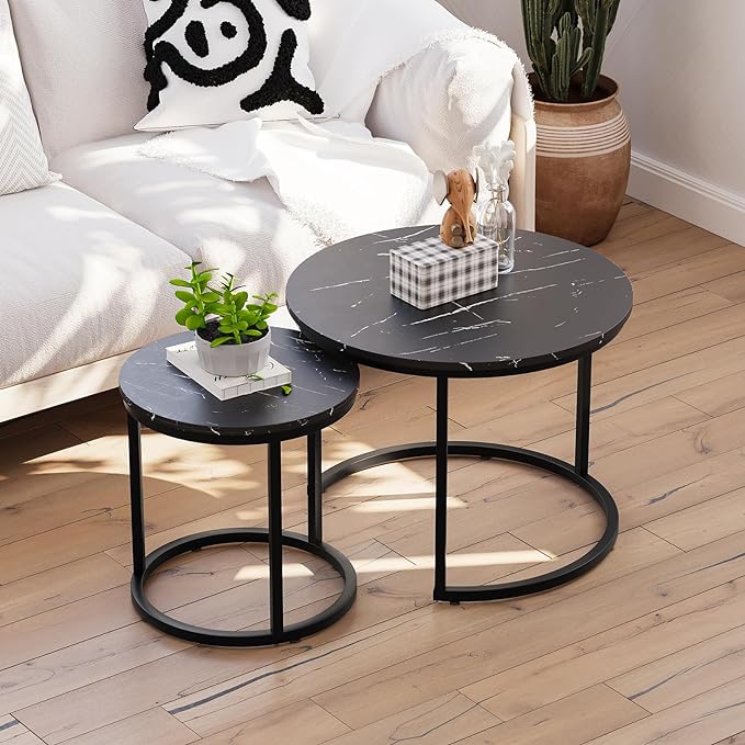 Black Nesting Coffee Table Set of 2, 23.6" Round Coffee Table Wood Grain Top with Adjustable Non-Slip Feet, Industrial End Table Side Tables for Living Room Bedroom Balcony Yard - LeafyLoom