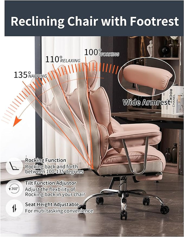 Desk Office Chair 400LBS, Big and Tall Office Chair, PU Leather Computer Chair, Executive Office Chair with Leg Rest, Light Pink Office Chair - LeafyLoom