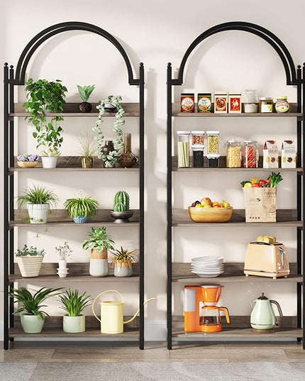 Tribesigns 5-Shelf Arched Bookcase, 72 inch Tall Rustic Wood Shelf with Black Metal Frame, Industrial Freestanding Open Bookshelf for Bedroom, Living Room,Small Spaces (Oak+Black, 1PC) - LeafyLoom