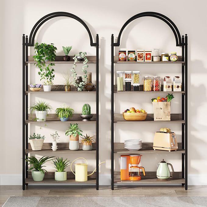 Tribesigns 5-shelf Arched Bookcase, 72 inch Tall Rustic Wood Shelf with Black Metal Frame, Industrial Freestanding Open Bookshelf for Bedroom, Living Room,Small Spaces (2, Oak+Black) - LeafyLoom
