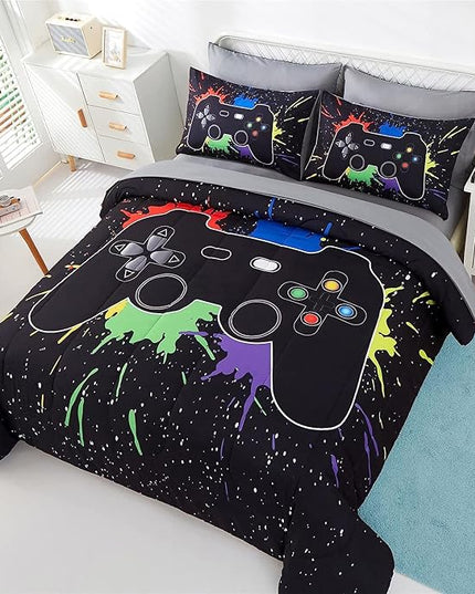 KAKKI 5 Piece Boys Full Gamer Comforter Set with Sheets, 3D Colorful Video Game Controller Comforter for Kids Teen, All Season Soft Microfiber Gaming Bedding Set(Black,Full) - LeafyLoom