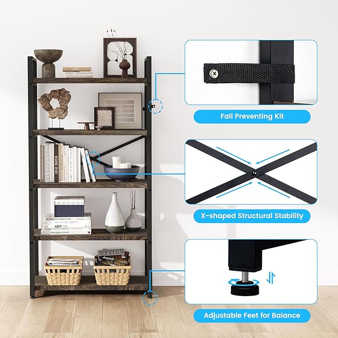 5 Tier Solid Real Wood Bookshelf Rustic Industrial Style, Wooden Storage Shelves Etagere Bookcase Book Shelf Display Shelf for Home Office, Dark Brown - LeafyLoom
