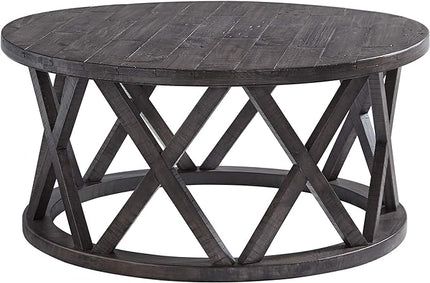 Signature Design by Ashley Sharzane Rustic Round Solid Wood Pine Coffee Table, Weathered Gray Finish - LeafyLoom