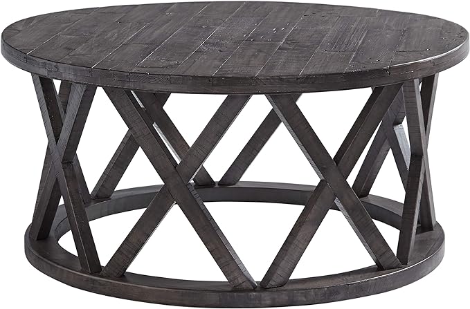 Signature Design by Ashley Sharzane Rustic Round Solid Wood Pine Coffee Table, Weathered Gray Finish - LeafyLoom