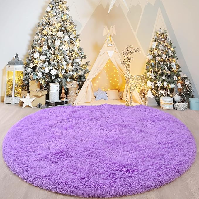 Purple Round Rug for Bedroom, Super Fluffy Circle Rugs for Baby Nursery, 5'X5' Feet Furry Carpet for Children Kids Room, Cute Soft Shaggy Rug for Girls Home Decor, Fuzzy Plush Carpets for Dorm - LeafyLoom