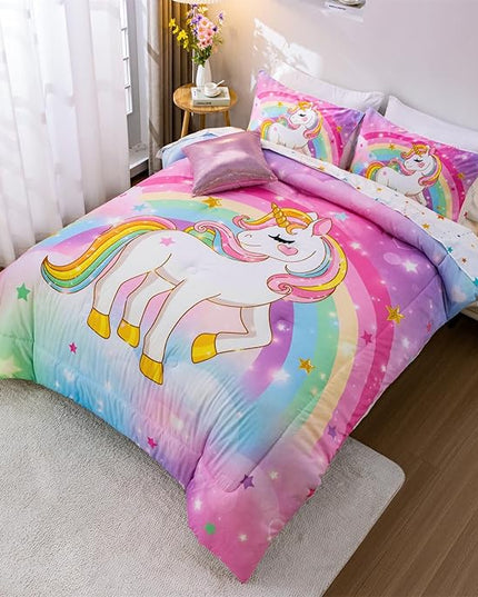 Aimuan Girls Unicorn Comforter Set 6 Pieces Pink Purple Bedding Set with Rainbow Star Galaxy Stars Fantasy Children Room Decor Soft Reversible Bed Sets for Boys/Girls/Teens (Rainbow Twin6Pcs) - LeafyLoom