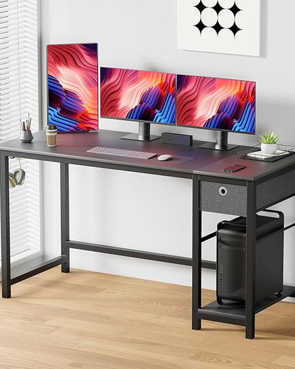 Sweetcrispy Computer Desk with Drawers 48 Inch Office Writing Work Kids Study 2-Tier Wood Corner Table with Storage Drawers Shelf for Bedroom Home Office - Black - LeafyLoom
