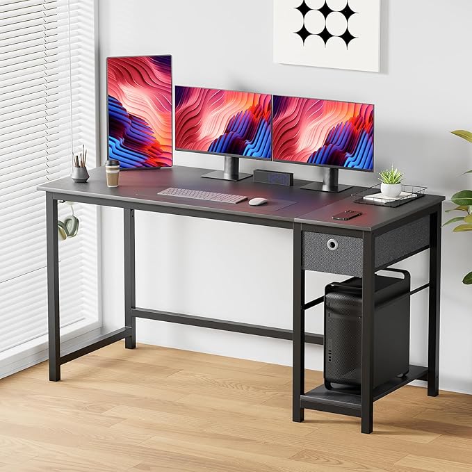 Sweetcrispy Computer Desk with Drawers 48 Inch Office Writing Work Kids Study 2-Tier Wood Corner Table with Storage Drawers Shelf for Bedroom Home Office - Black - LeafyLoom