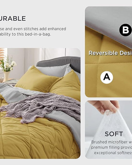 Bedsure Mustard Yellow California King Comforter Set - 7 Pieces Reversible Cal King Bed in a Bag, Cal King Mustard Yellow and Grey Bed Set with Comforters, Sheets, Pillowcases & Shams - LeafyLoom