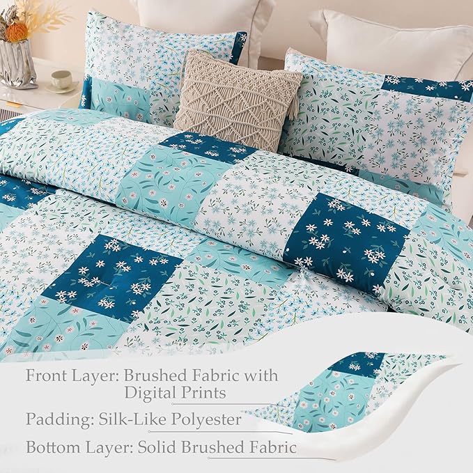 Whale Flotilla Queen Full Comforter Set, Soft Reversible Blue Bedding Comforter Set with Boho Pattern, 1 Micoriber Patchwork Comforter and 2 Pillow Shams, 3 Pieces - LeafyLoom