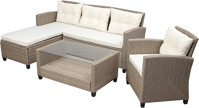 4-Piece Outdoor Rattan Sofa Sets, Patio Furniture Conversation Sectional Couch with Chaise Lounge, Single Sofachair, Seat Cushions and Glass Table, for Garden Backyard Deck, Onesize, Beige - LeafyLoom