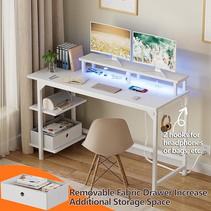 Furologee White Desk with Power Outlets and LED Lights, 47" Office Gaming Desk with Shelves and Fabric Drawer, Reversible Study Table with Monitor Stand and Hooks - LeafyLoom