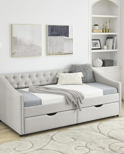 Upholstered Twin Size Daybed with Two Storage Trundle Drawers, Solid Wooden Bed Frame w/Button Tufted Backrest, No Box Spring Needed, for Kids, Bedroom, Dorm - LeafyLoom