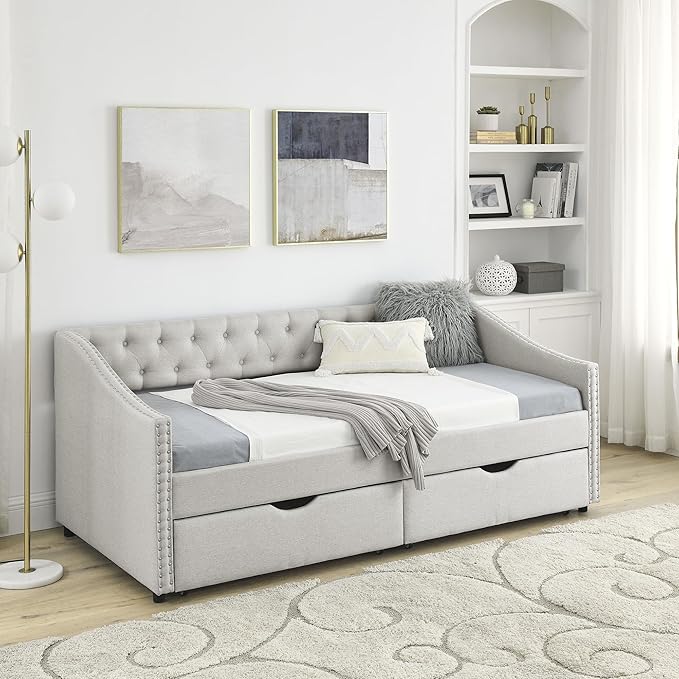 Upholstered Twin Size Daybed with Two Storage Trundle Drawers, Solid Wooden Bed Frame w/Button Tufted Backrest, No Box Spring Needed, for Kids, Bedroom, Dorm - LeafyLoom