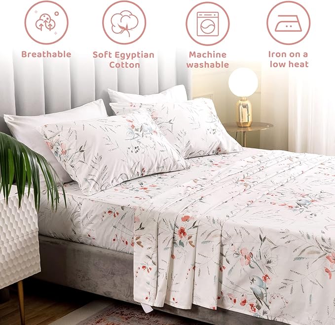 QSH Floral Queen Size Sheet Sets - 100% Egyptian Cotton Sheets Elegant Botanical Flower Leaves Bird Printed Bedding Sheets Queen Size Bed Extra Soft and Breathable 4pcs Deep Pockets Bed Sheets - LeafyLoom