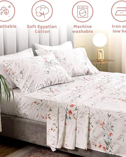 QSH Floral King Size Sheet Sets - 100% Egyptian Cotton Floral Bedding Sheets Botanical Bird Printed Bedding King Size Bed Sheets 17.5" Extra Deep Pocket 4pcs - LeafyLoom