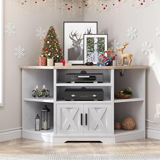 YITAHOME Corner TV Stand for TV Up to 55 Inch with Power Outlet, Farmhouse TV Console w/Adjustable Storage Shelf, Entertainment Center for Living Room,Bedroom, Grey White & Grey Wash, 47 inches - LeafyLoom