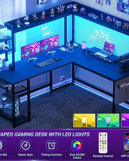Aheaplus L Shaped Desk with Power Outlet, L Shaped Gaming Desk with Led Light & Hutch, Reversible Home Office Desk, Corner Computer Desk Writing Desk with Monitor Stand & Storage Shelves, Black - LeafyLoom