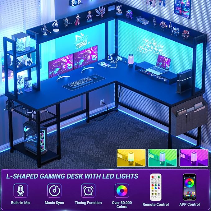 Aheaplus L Shaped Desk with Power Outlet, L Shaped Gaming Desk with Led Light & Hutch, Reversible Home Office Desk, Corner Computer Desk Writing Desk with Monitor Stand & Storage Shelves, Black - LeafyLoom