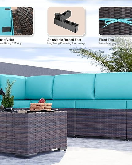 Kullavik 9PCS Outdoor Patio Furniture Set PE Wicker Rattan Sectional Sofa Patio Conversation Sets,Blue - LeafyLoom