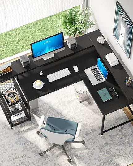L-Shaped Desk with Monitor Shelf, Black - LeafyLoom