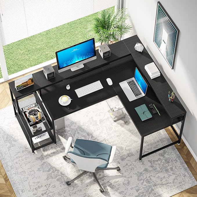 L-Shaped Desk with Monitor Shelf, Black - LeafyLoom