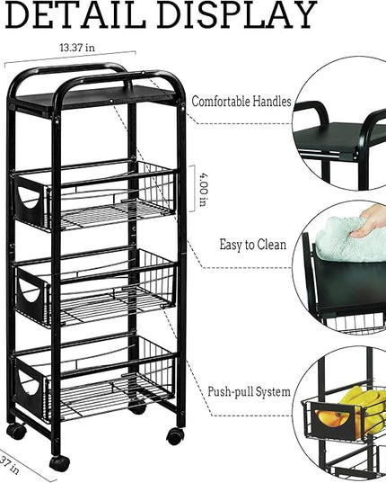 Slim Rolling Storage Cart Small Narrow Kitchen Metal Storage Cart with Lockable Wheels Slim Laundry Bathroom Storage Cart with Wooden top for Kitchen Laundry Narrow Places with Pull-Out Basket Black - LeafyLoom