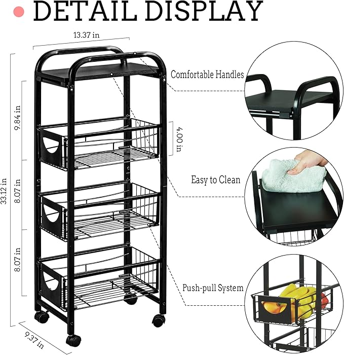 Slim Rolling Storage Cart Small Narrow Kitchen Metal Storage Cart with Lockable Wheels Slim Laundry Bathroom Storage Cart with Wooden top for Kitchen Laundry Narrow Places with Pull-Out Basket Black - LeafyLoom