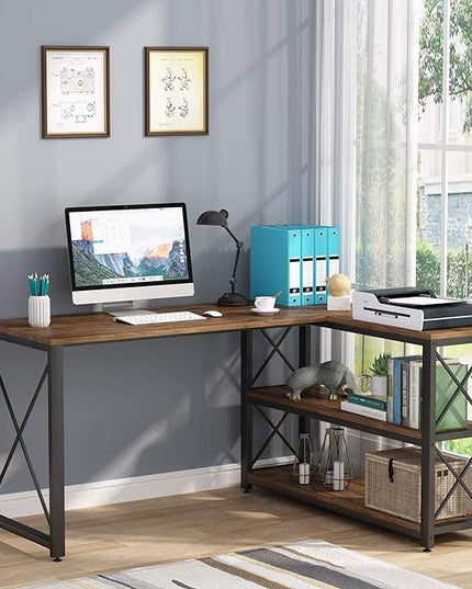 Tribesigns Reversible Industrial L-Shaped Desk with Storage Shelves, Corner Computer Desk PC Laptop Study Table Workstation for Home Office Small Space (Brown, 53") - LeafyLoom