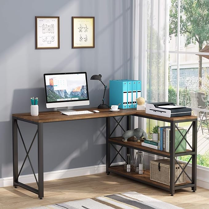 Tribesigns Reversible Industrial L-Shaped Desk with Storage Shelves, Corner Computer Desk PC Laptop Study Table Workstation for Home Office Small Space (Brown, 53") - LeafyLoom
