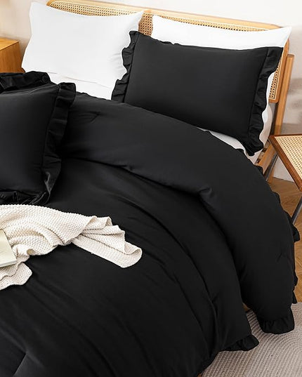 JANZAA Black Comforter Set Twin Comforter Set Ruffled Comforter Set Soft Twin Size Bed Set Vintage Farmhouse Bed Comforter Set Shabby Fluffy Bedding (1 Solid Color Comforter and 1 Pillowcase) - LeafyLoom