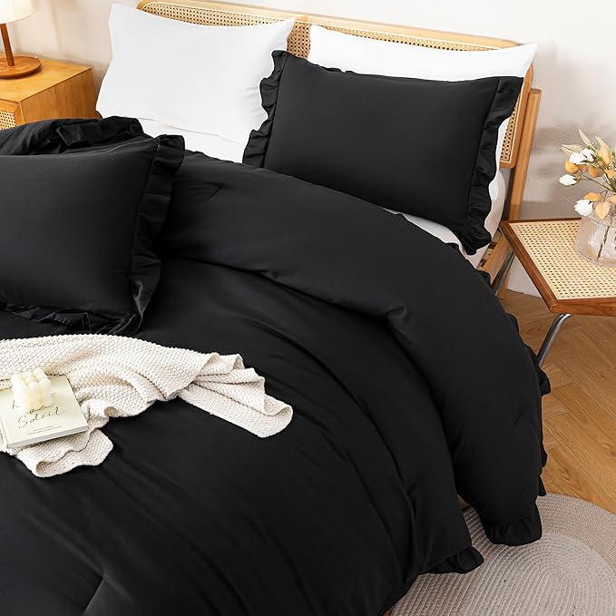 JANZAA Black Comforter Set Twin Comforter Set Ruffled Comforter Set Soft Twin Size Bed Set Vintage Farmhouse Bed Comforter Set Shabby Fluffy Bedding (1 Solid Color Comforter and 1 Pillowcase) - LeafyLoom