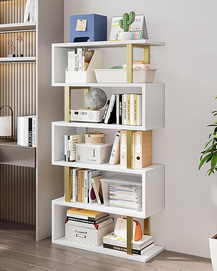 Bookshelf geometric bookcase S Shaped industrial bookshelf Storage Display Stand Shelf for Living Room Bedroom and office Room (White, 5 Tier) - LeafyLoom