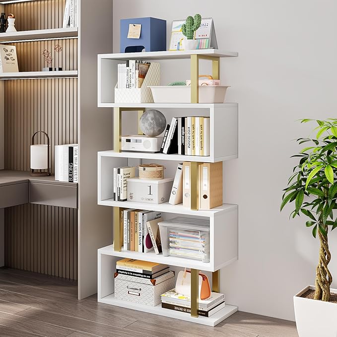 Bookshelf geometric bookcase S Shaped industrial bookshelf Storage Display Stand Shelf for Living Room Bedroom and office Room (White, 5 Tier) - LeafyLoom