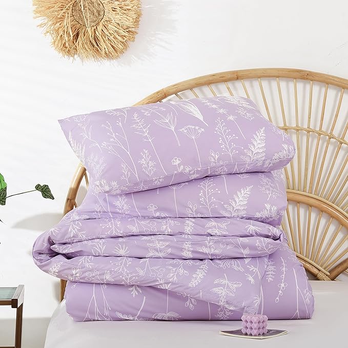 JANZAA King Size Comforter Set Floral Comforter Sets King Size Bedding Set Purple Comforter for All Season with 2 Pillow Shams Cute and Comfortable - LeafyLoom