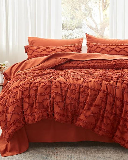 Anluoer Full Comforter Set 7 Pieces, Burnt Orange Tufted Bed in a Bag with comforters and sheets, All Season Bedding Sets with 1 Comforter, 2 PillowShams, 2 Pillowcases, 1 Flat Sheet, 1 Fitted Sheet - LeafyLoom
