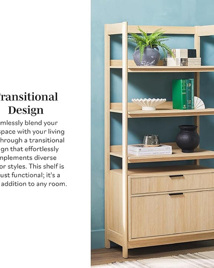 Walker Edison Modern Reeded 4-Shelf Bookshelf Bottom, 33 Inch, Two-Drawer Coastal Oak - LeafyLoom