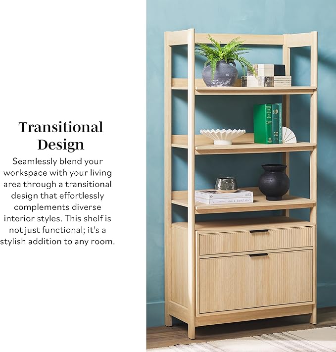 Walker Edison Modern Reeded 4-Shelf Bookshelf Bottom, 33 Inch, Two-Drawer Coastal Oak - LeafyLoom