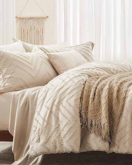 Anluoer Queen Comforter Set, Beige Tufted Bed in a Bag 7 Pieces with comforters and sheets, All Season Bedding Sets with 1 Comforter, 2 PillowShams, 2 Pillowcases, 1 Flat Sheet, 1 Fitted Sheet - LeafyLoom