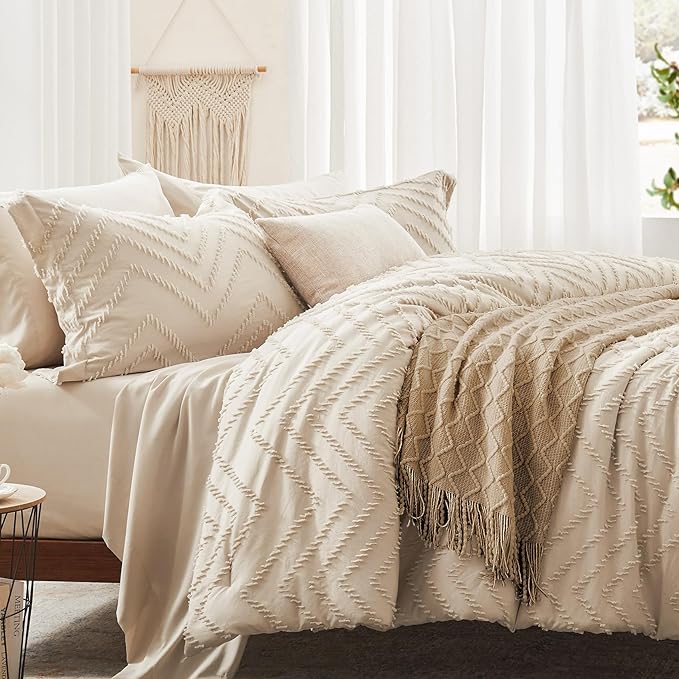 Anluoer Queen Comforter Set, Beige Tufted Bed in a Bag 7 Pieces with comforters and sheets, All Season Bedding Sets with 1 Comforter, 2 PillowShams, 2 Pillowcases, 1 Flat Sheet, 1 Fitted Sheet - LeafyLoom