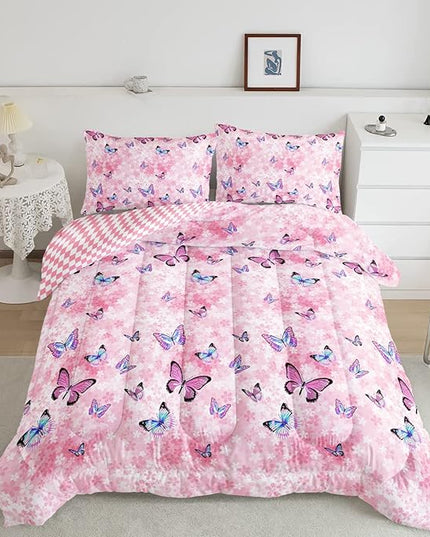 Datura home Kids Comforter Set Girls Pink Flower Butterfly Printed Pattern Quilt Bedding with 1 and 2 Pillowcases for Bedroom All Season(Pink Full) Full 80x90inches - LeafyLoom