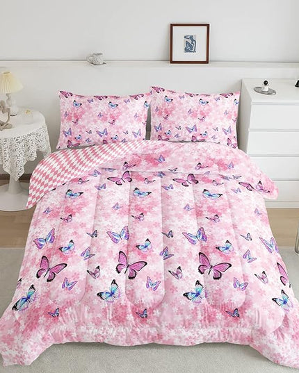 Datura home Kids Comforter Set Girls Pink Flower Butterfly Printed Pattern Quilt Bedding Set with 1 Comforter and 2 Pillowcases for Girls Bedroom All Season(Pink Flower Butterfly Twin 68x86inch) - LeafyLoom