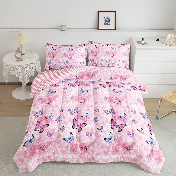 Datura home Kids Comforter Set Girls Pink Flower Butterfly Printed Pattern Quilt Bedding Set with 1 Comforter and 2 Pillowcases for Girls Bedroom All Season(Pink Flower Butterfly Twin 68x86inch) - LeafyLoom