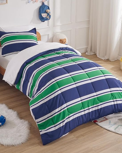 SLEEP ZONE Kids Rugby Twin Bedding Comforter Set - Super Cute & Soft Kids Bedding 5 Pieces Set with Comforter, Sheet, Pillowcase & Sham (Rugby Stripe Navy/Green) - LeafyLoom