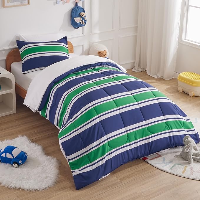 SLEEP ZONE Kids Rugby Twin Bedding Comforter Set - Super Cute & Soft Kids Bedding 5 Pieces Set with Comforter, Sheet, Pillowcase & Sham (Rugby Stripe Navy/Green) - LeafyLoom