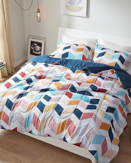 Comfort Spaces Kylar Cozy Comforter Set, Vibrant Chevron Ruching Design with Solid Reverse, All Season Down Alternative Bedding with Matching Sham, Full/Queen (88 in x 92 in), Multi/Aqua 3 Piece - LeafyLoom